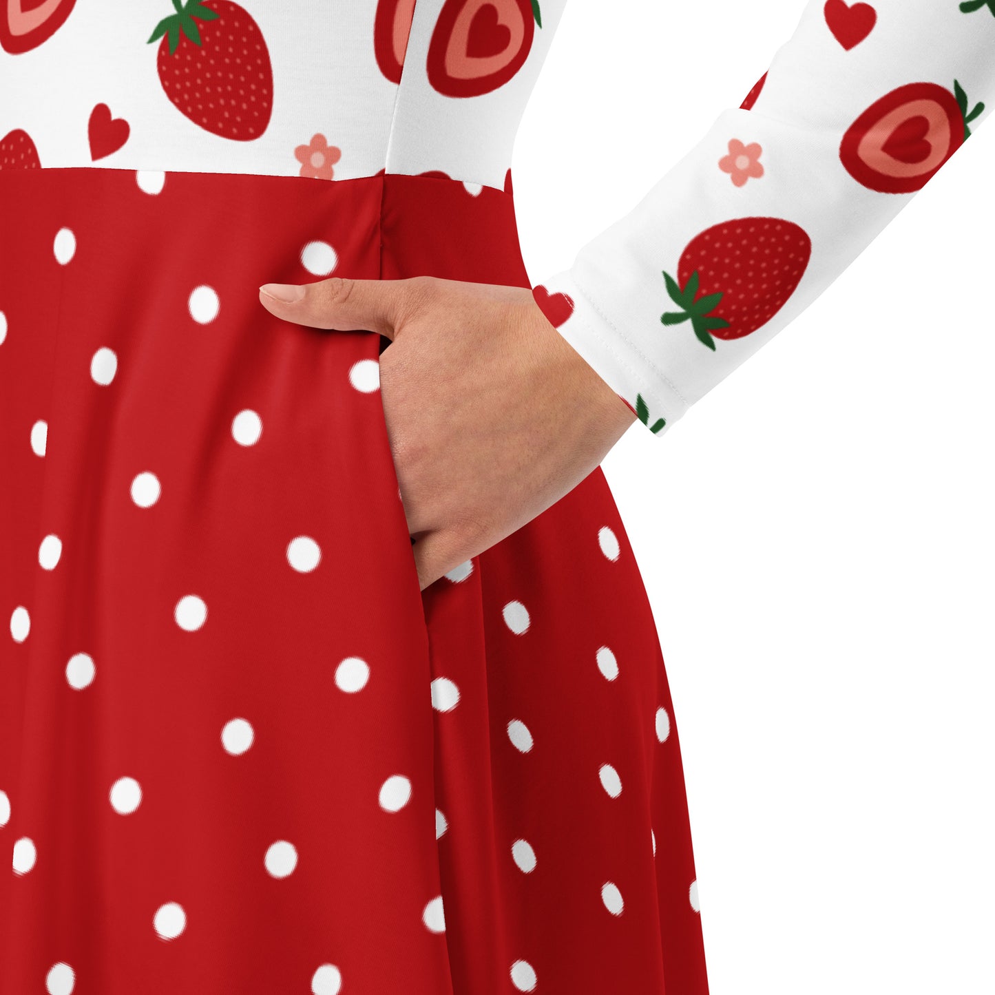 long sleeve white and red strawberry pin-up swing dress with red polka dot skirt and pockets