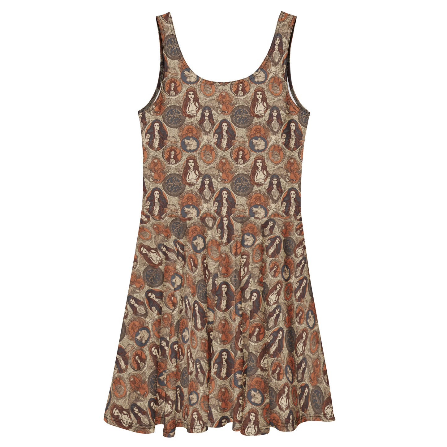 Cream and brown Whimsigoth skater dress with a vintage tarot card goddess medallion print.
