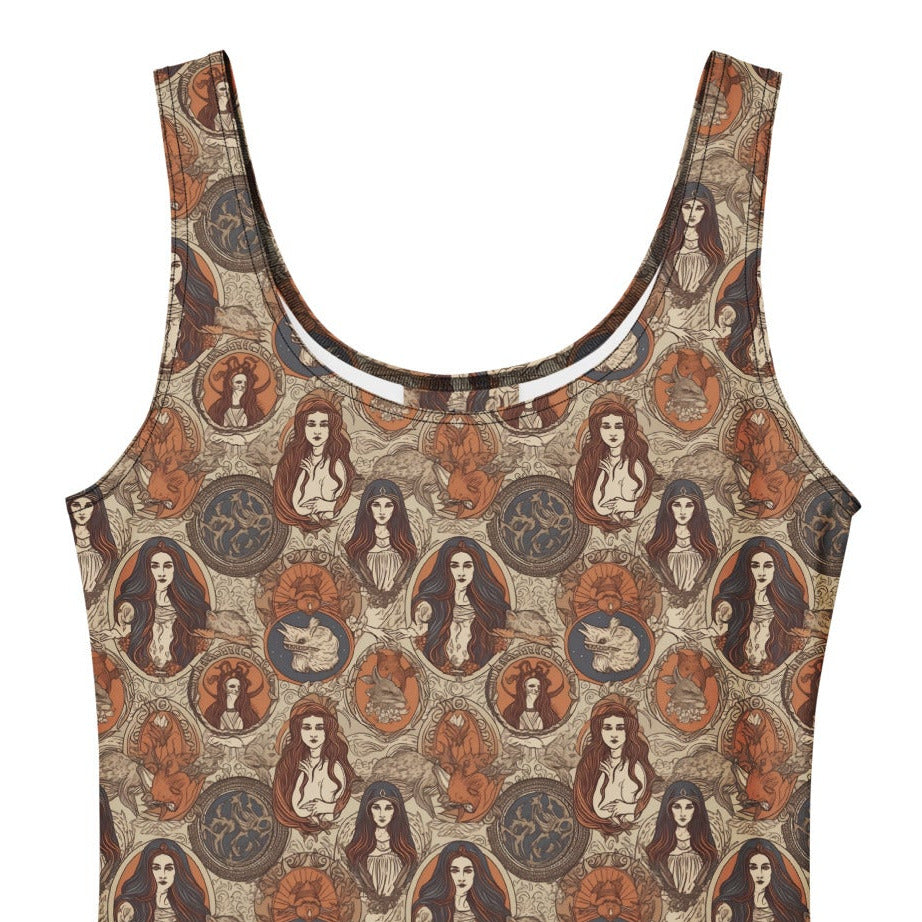 Cream and brown Whimsigoth skater dress with a vintage tarot card goddess medallion print.