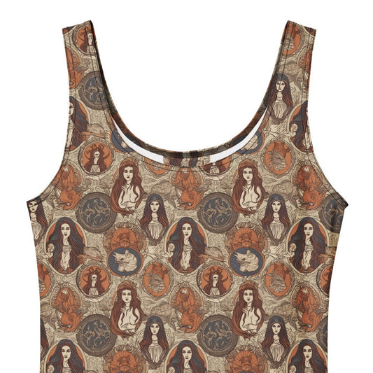 Cream and brown Whimsigoth skater dress with a vintage tarot card goddess medallion print.