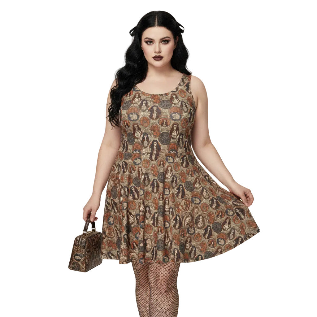 Woman wearing a cream and brown Whimsigoth skater dress with a vintage tarot card goddess medallion print.