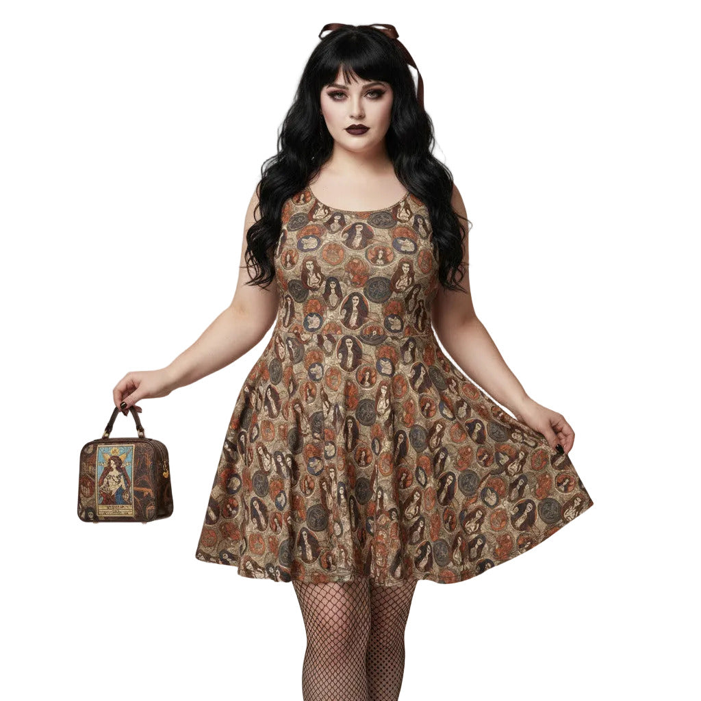 Woman wearing a cream and brown Whimsigoth skater dress with a vintage tarot card goddess medallion print.