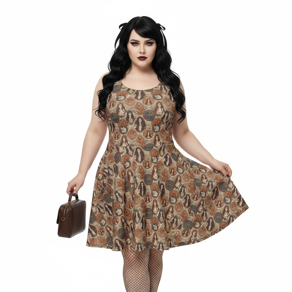 Plus size woman wearing a cream and brown Whimsigoth skater dress with a vintage tarot card goddess medallion print.