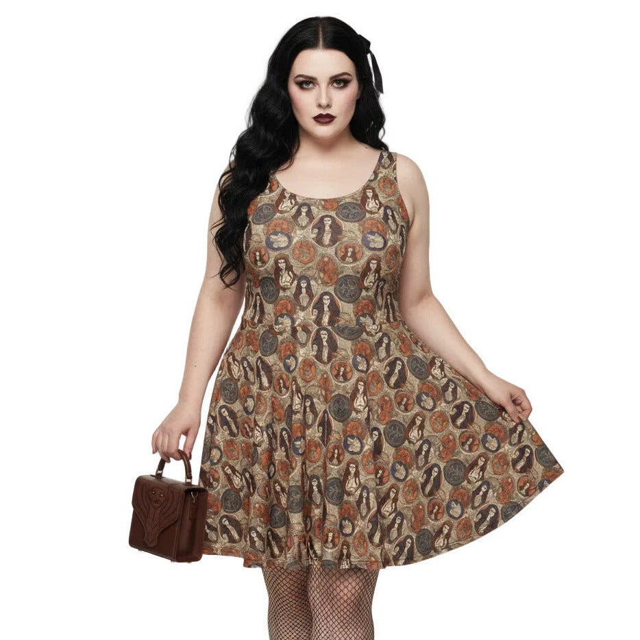 Plus size woman wearing a cream and brown Whimsigoth skater dress with a vintage tarot card goddess medallion print.