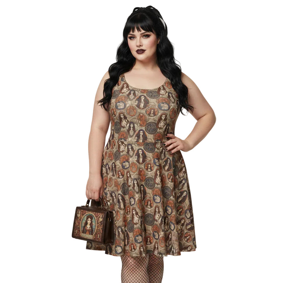 Woman wearing a cream and brown Whimsigoth plus size skater dress with a vintage tarot card goddess medallion print.