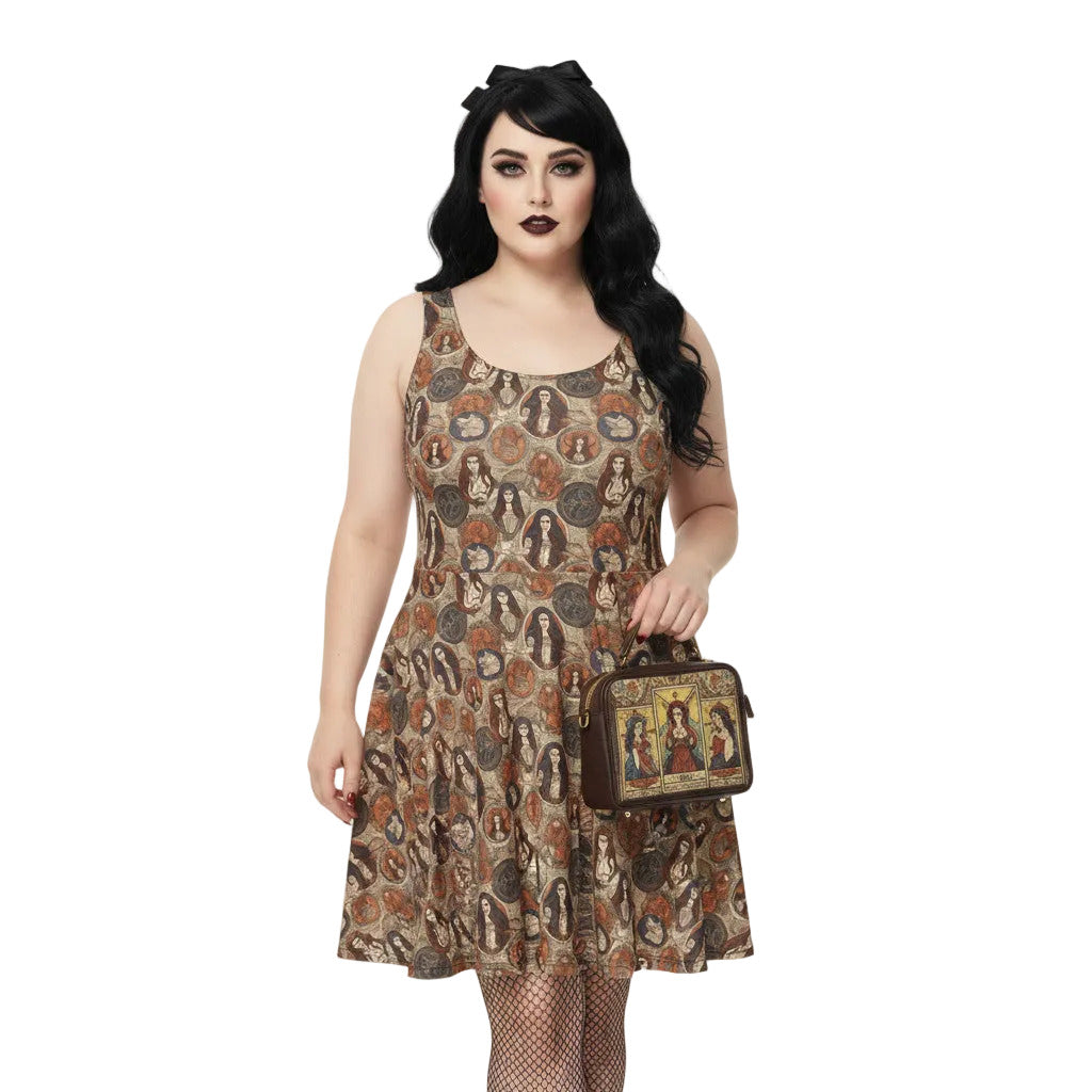 Woman wearing a cream and brown Whimsigoth skater dress with a vintage tarot card goddess medallion print.