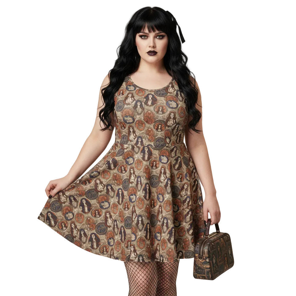 Woman wearing a cream and brown Whimsigoth skater dress with a vintage tarot card goddess medallion print.
