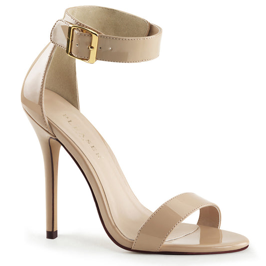 Cream Patent Faux Leather Stiletto Heels with a gold buckle on a white background