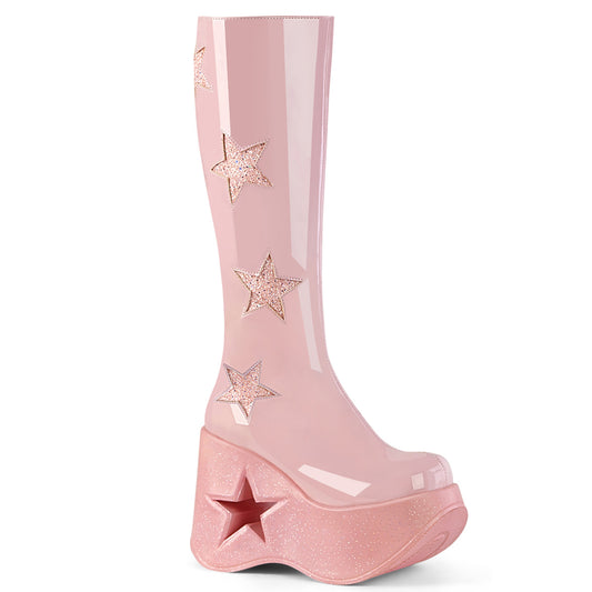 5-inch Baby Pink Platform Wedge Knee High Boots with Glitter Star Cutouts and Side Patches.