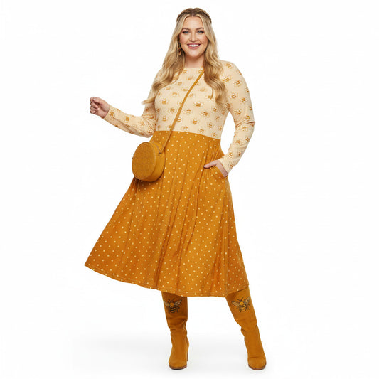 Honey Bee and Polka Dot Cottagecore Midi Dress with Pockets