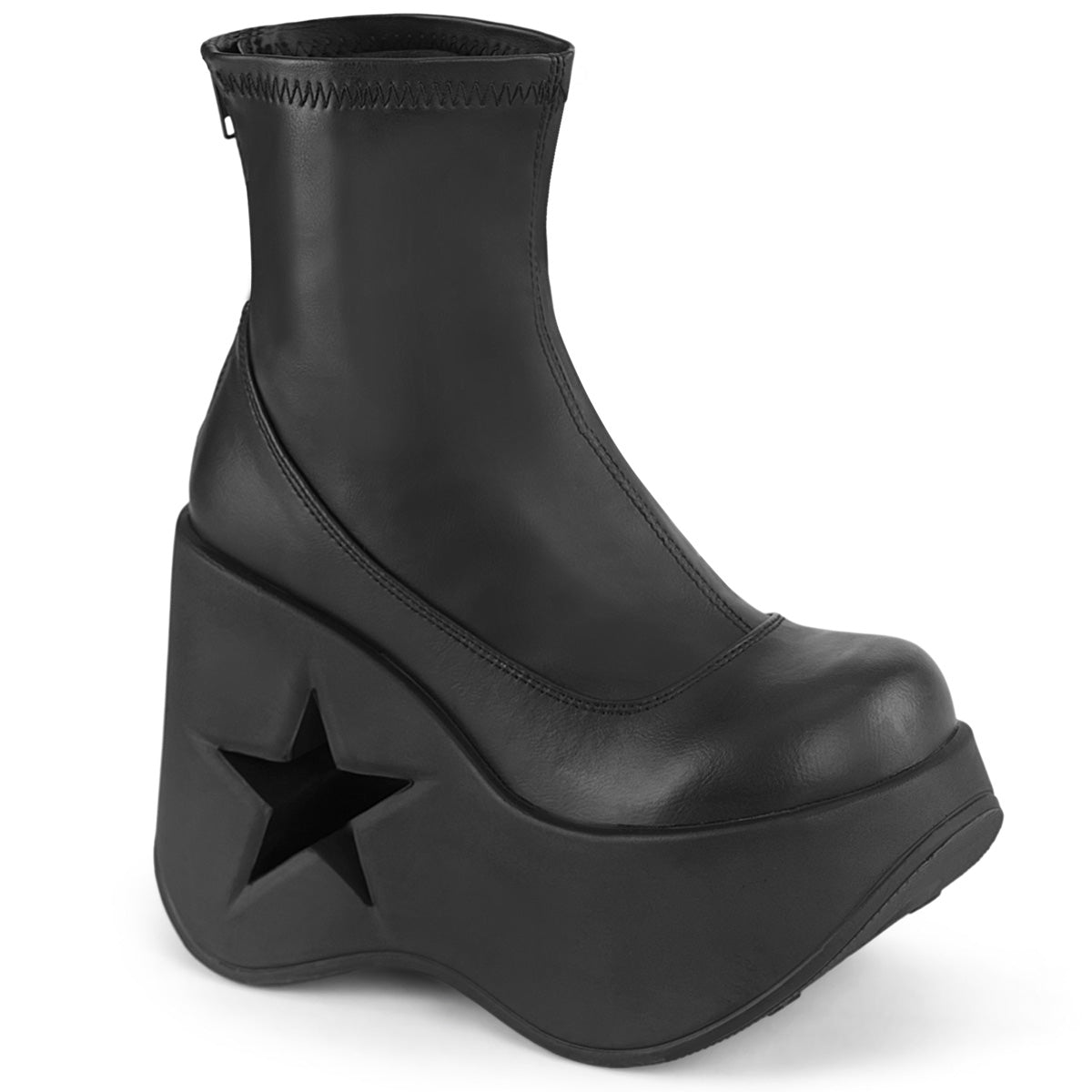 Black stretch faux leather platform wedge ankle boots for festivals with 5-inch star cutout heel and back metal zipper.
