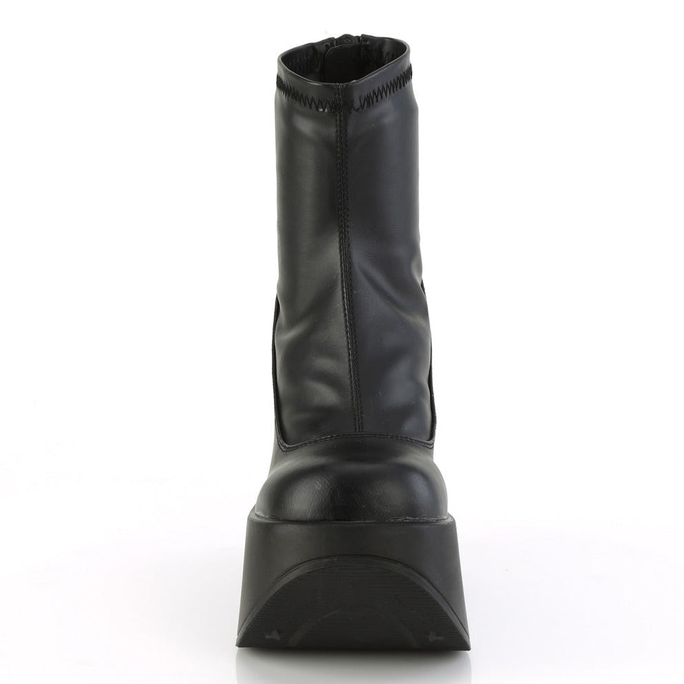 Black stretch faux leather platform wedge ankle boots for festivals with 5-inch star cutout heel and back metal zipper.