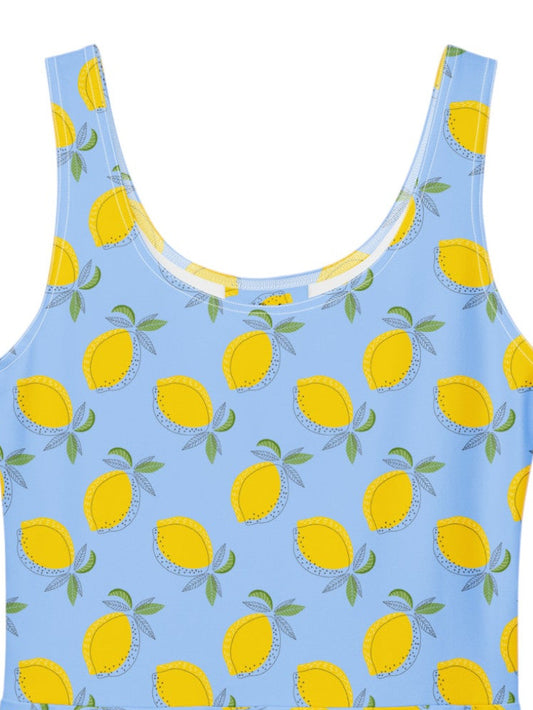 Blue dress with yellow lemon pattern on a white background