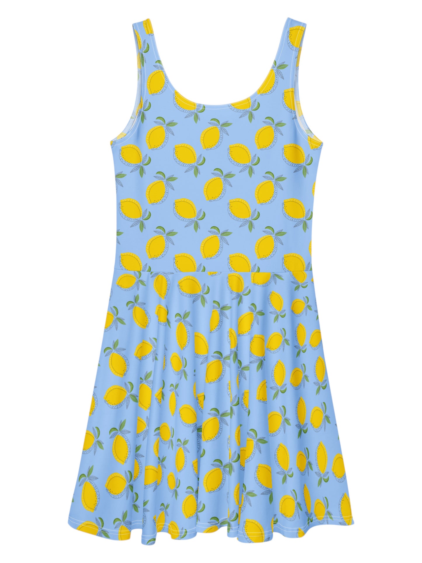 Blue dress with yellow lemon pattern on a white background