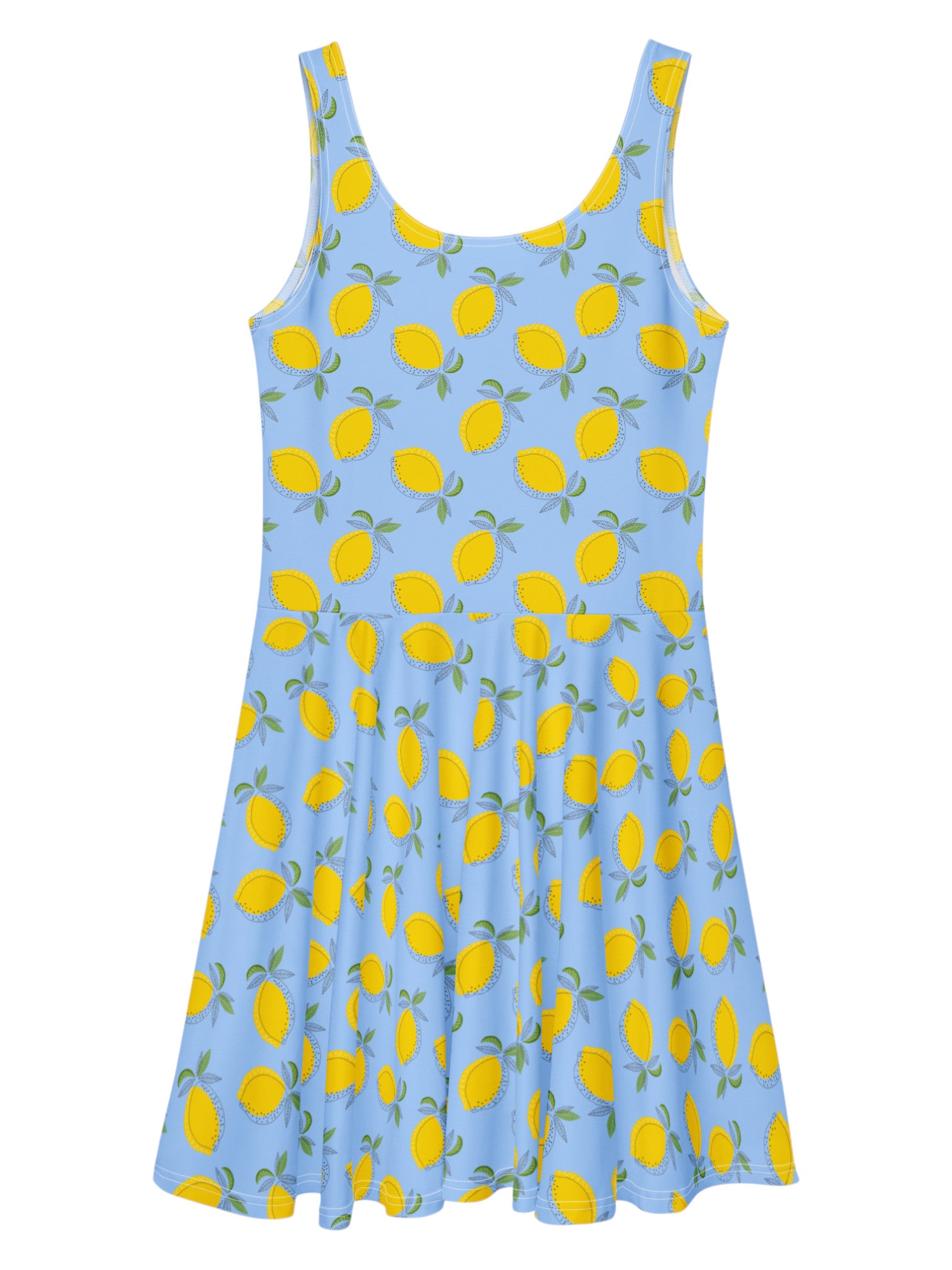 Blue dress with yellow lemon pattern on a white background