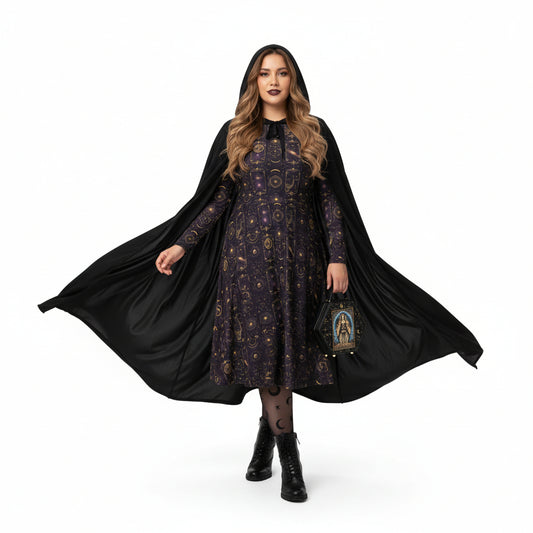 Woman wearing a celestial patterned dress with a cape and holding a bag on a white background