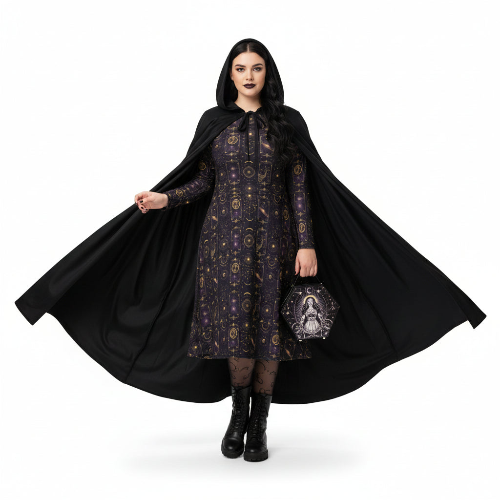 Woman wearing a black cape and celestial patterned dress holding a circular object on a white background