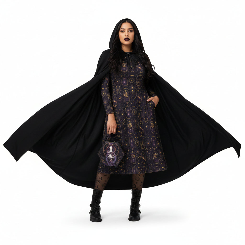 Woman wearing a black cape and celestial patterned dress on a white background
