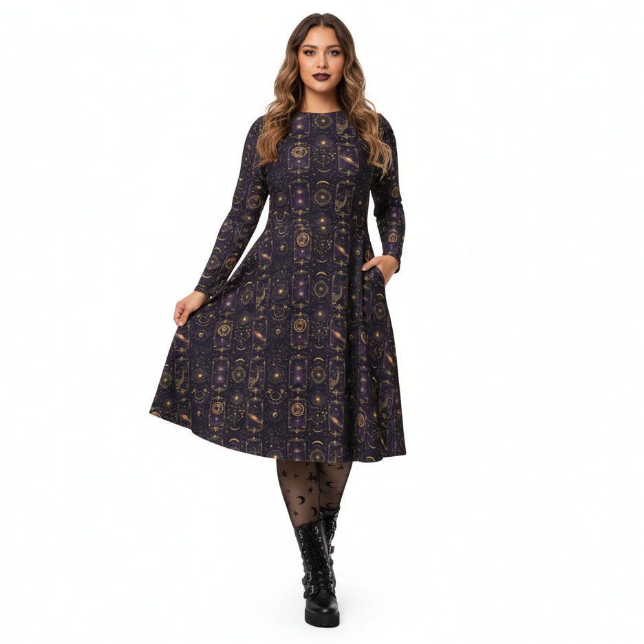 Woman wearing a patterned dress on a white background