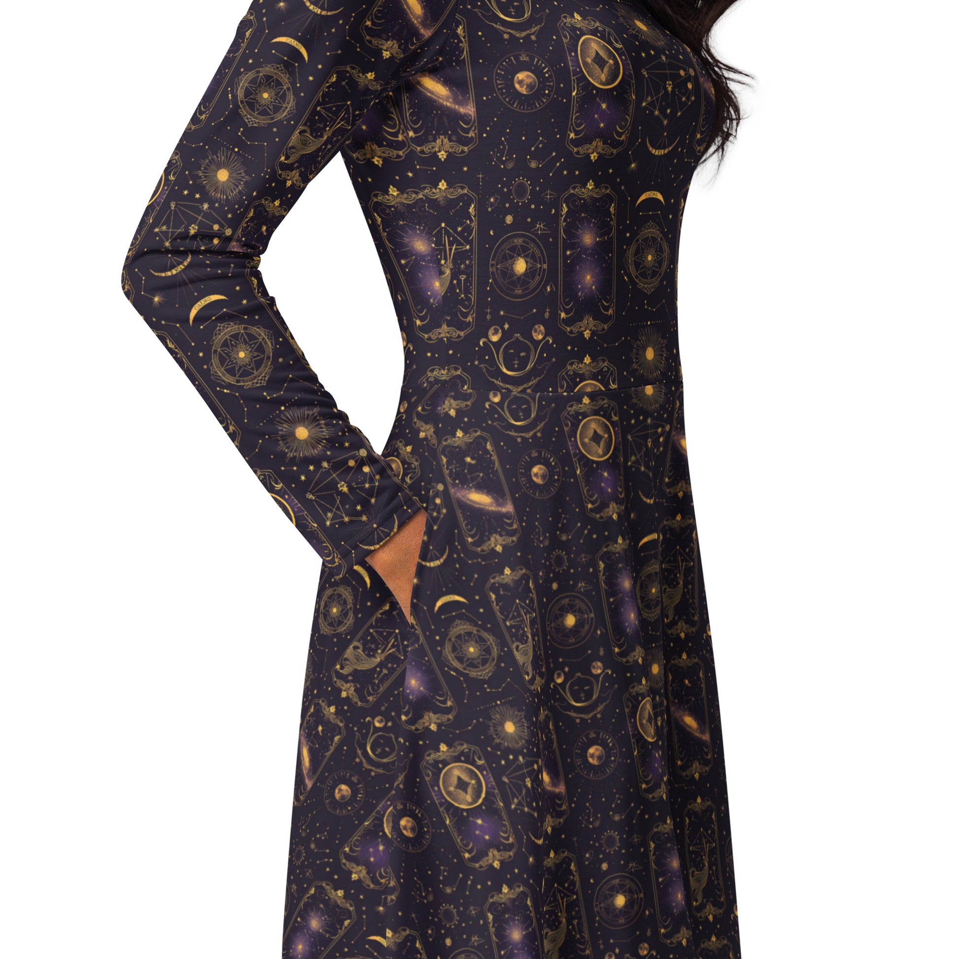 Long-sleeve dress with celestial pattern on a white background