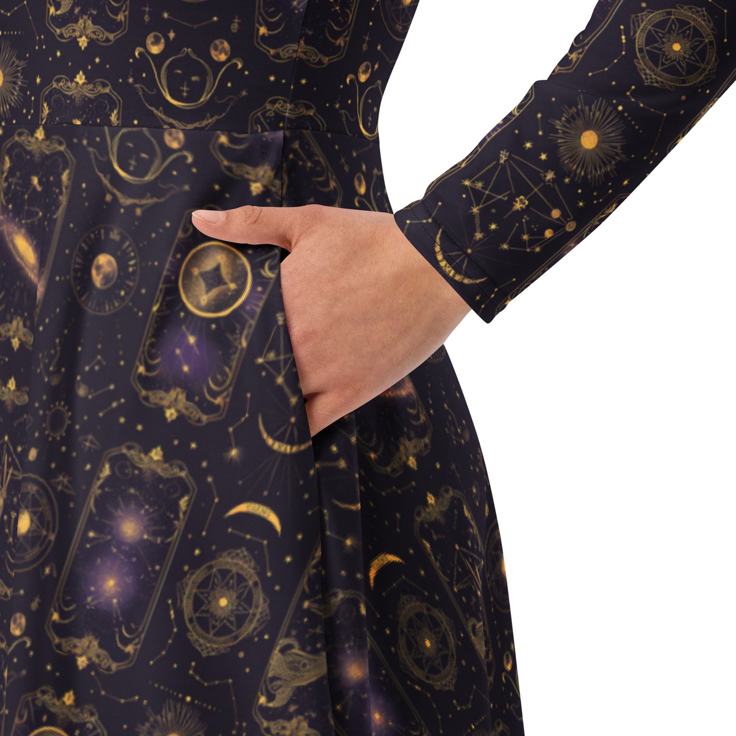 Navy blue dress with gold celestial pattern, hand in pocket