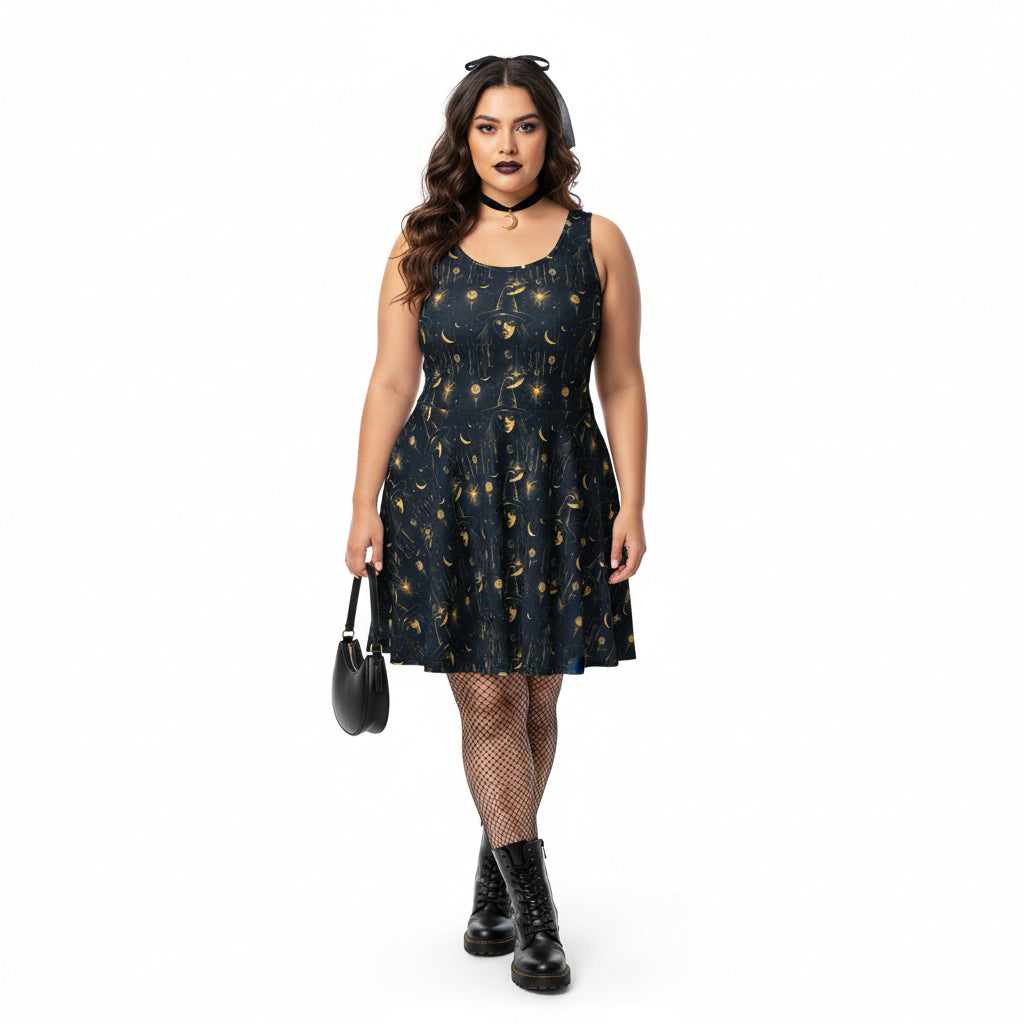 Woman wearing a black dress with gold patterns on a white background
