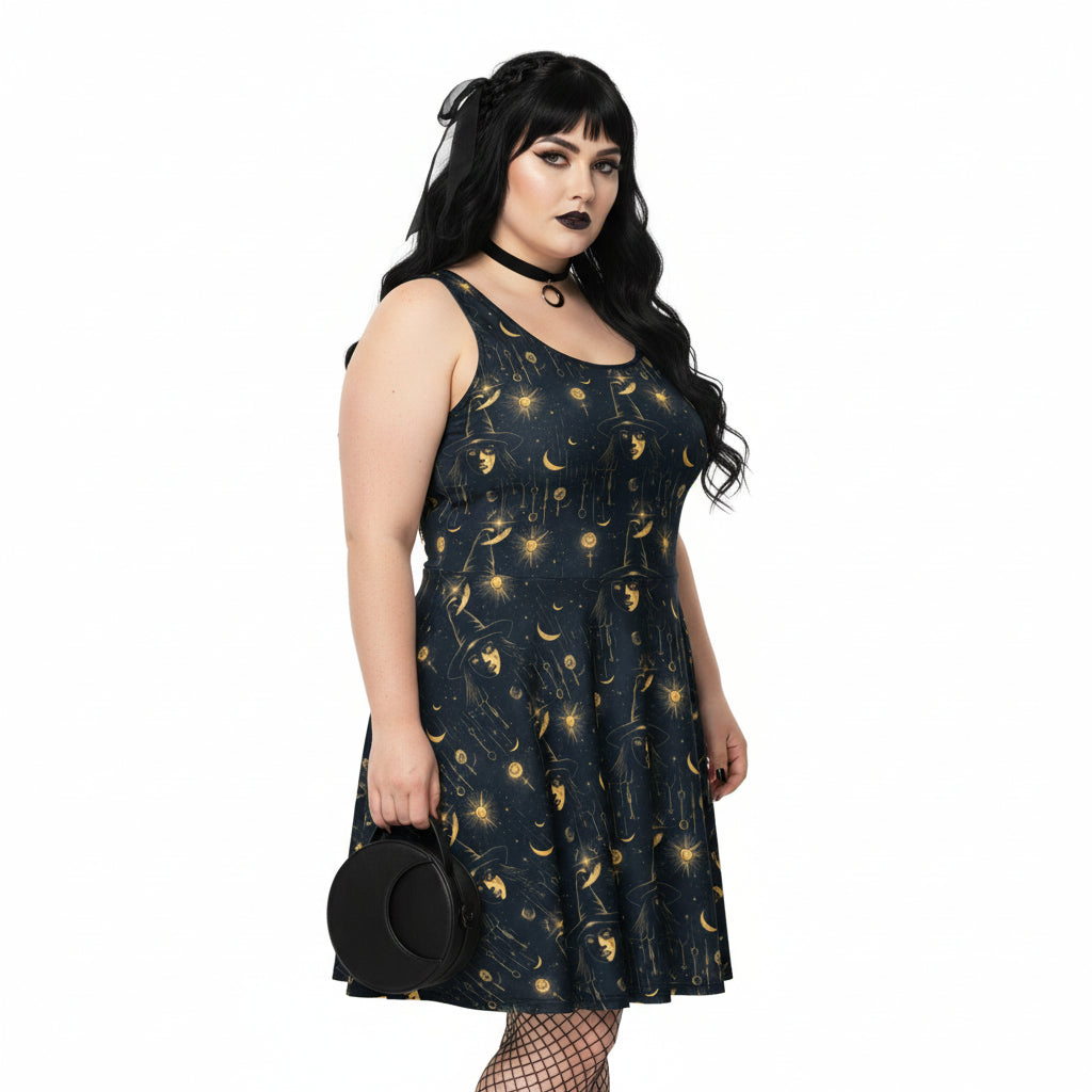 Woman wearing a black dress with gold celestial pattern on a white background
