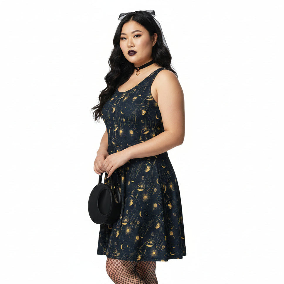 Woman wearing a dark dress with gold patterns on a white background