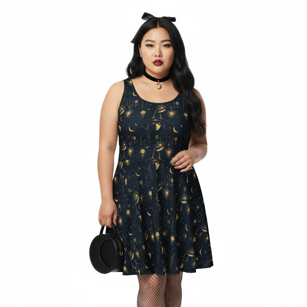 Woman wearing a black dress with gold patterns on a white background