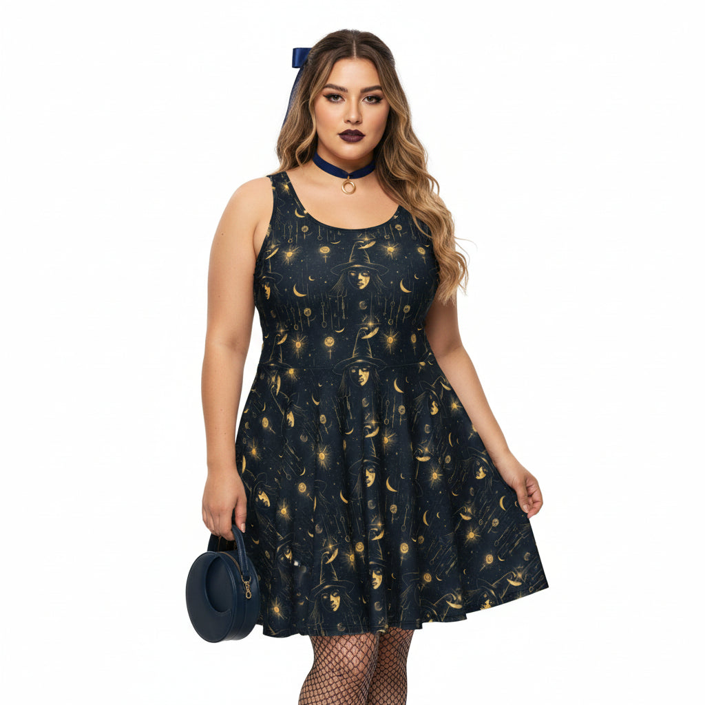 Woman wearing a black dress with gold celestial pattern on a white background