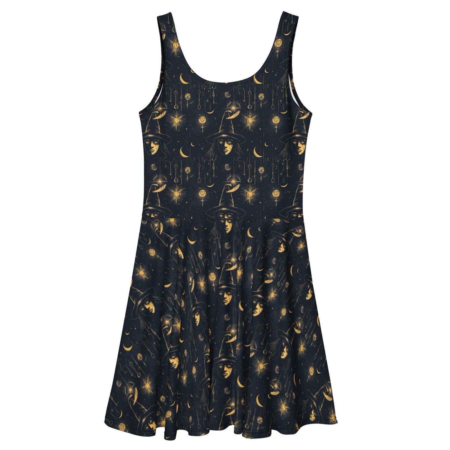 Black dress with gold celestial pattern on a white background