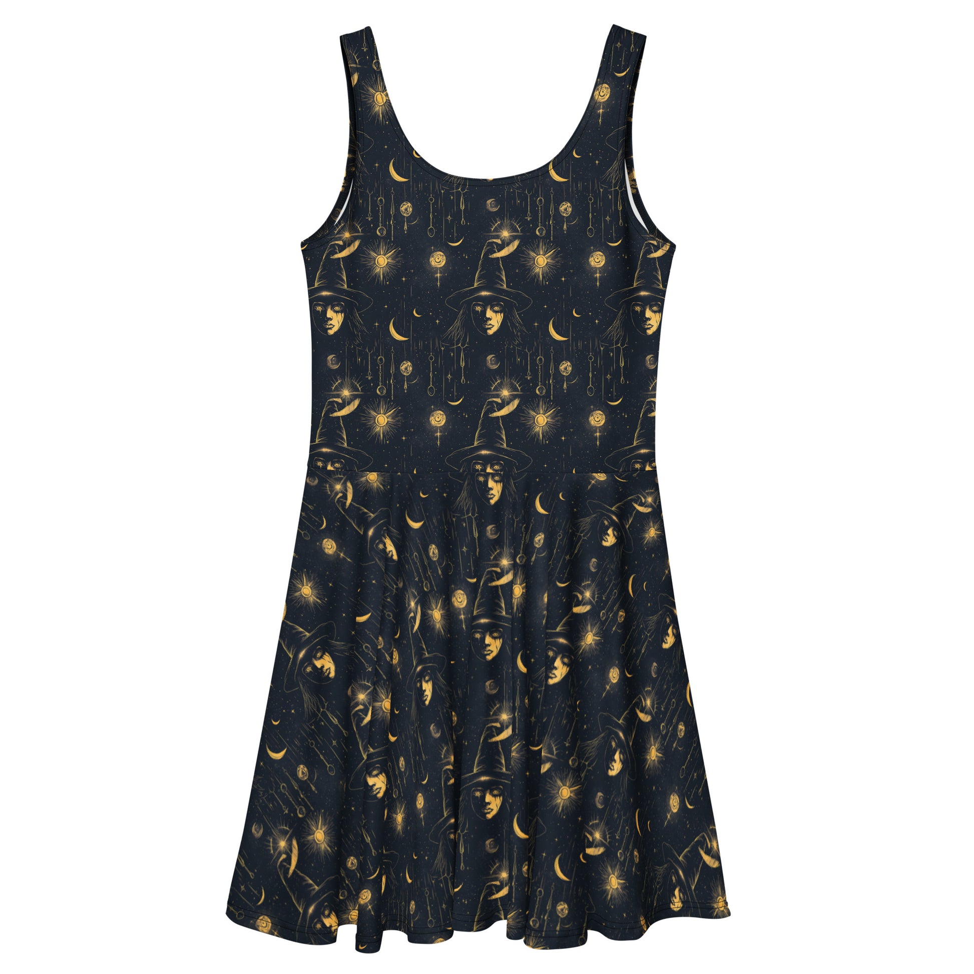 Black dress with gold celestial pattern on a white background