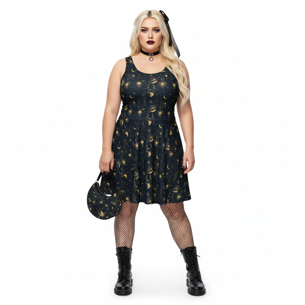 Woman wearing a black dress with gold patterns, fishnet stockings, and black boots on a white background