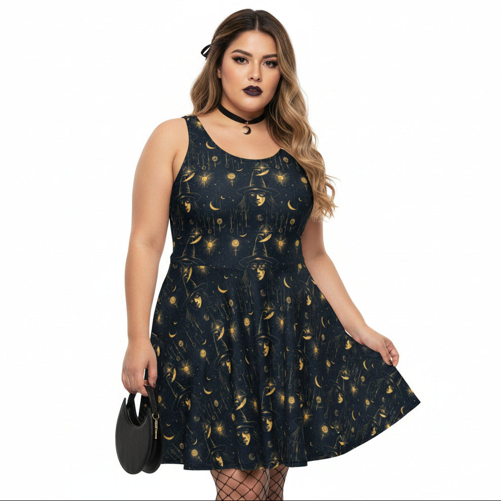 Woman wearing a black dress with gold patterns on a white background