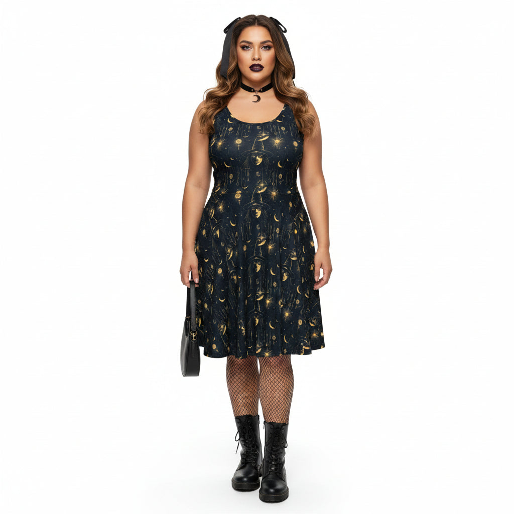 Woman wearing a black dress with gold patterns on a white background