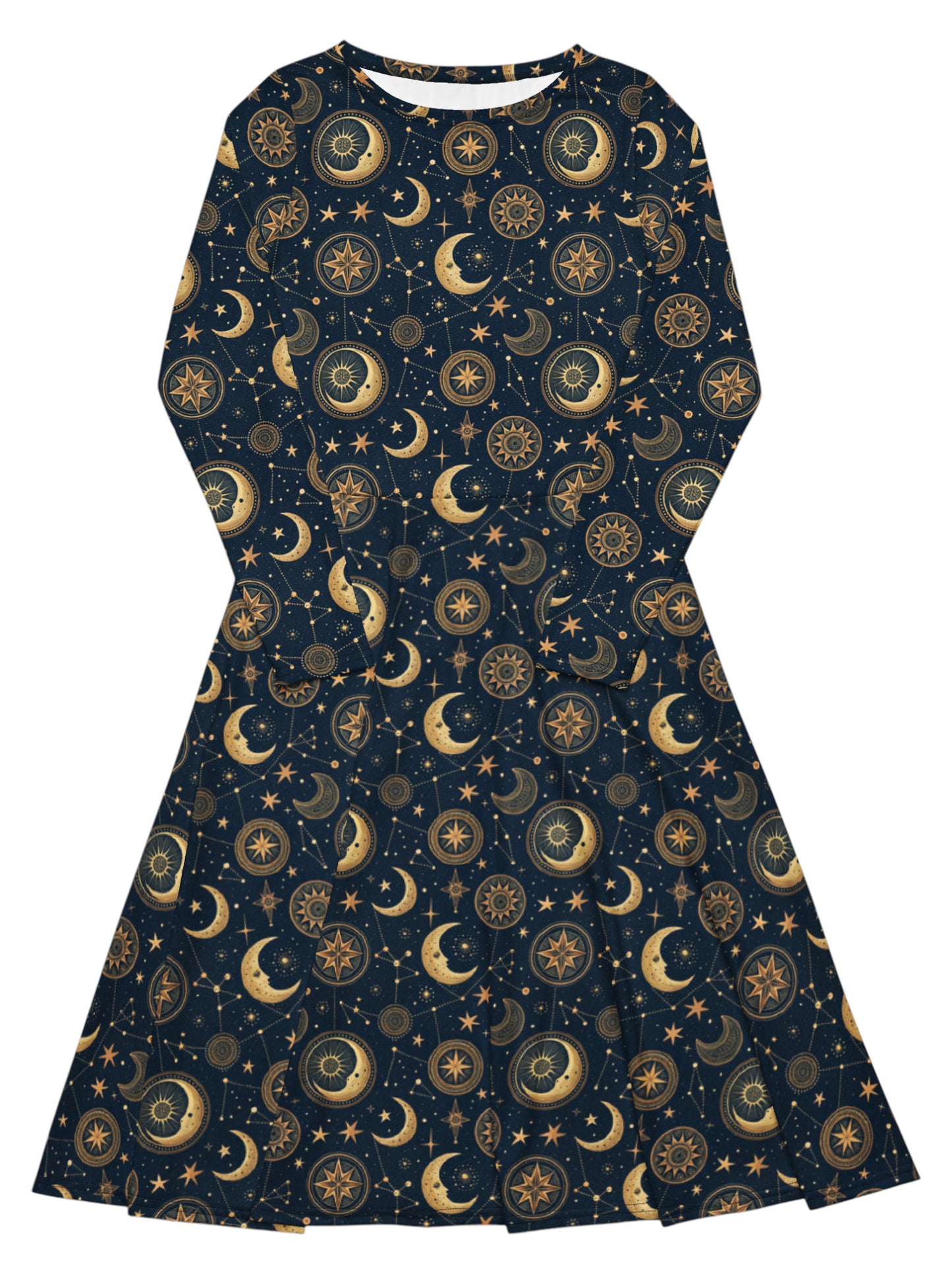 A long-sleeve A-line dress with a celestial print of gold crescent moons, stars, and compass motifs on a dark navy blue background, shown flat against a white background.
