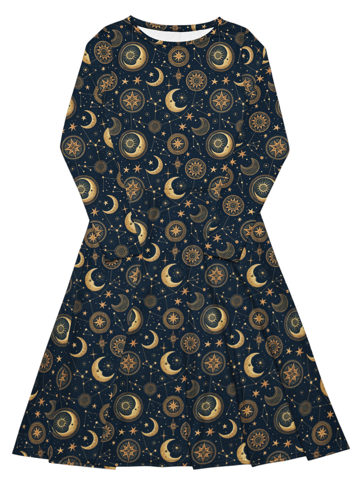 A long-sleeve A-line dress with a celestial print of gold crescent moons, stars, and compass motifs on a dark navy blue background, shown flat against a white background.