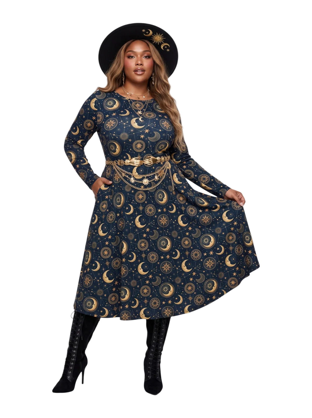 Plus-size woman wearing a navy blue celestial long sleeve midi dress with a gold sun, moon, and star astrology print, featuring a flowy fit-and-flare skirt with pockets, styled with black lace-up boots and a wide-brim hat.
