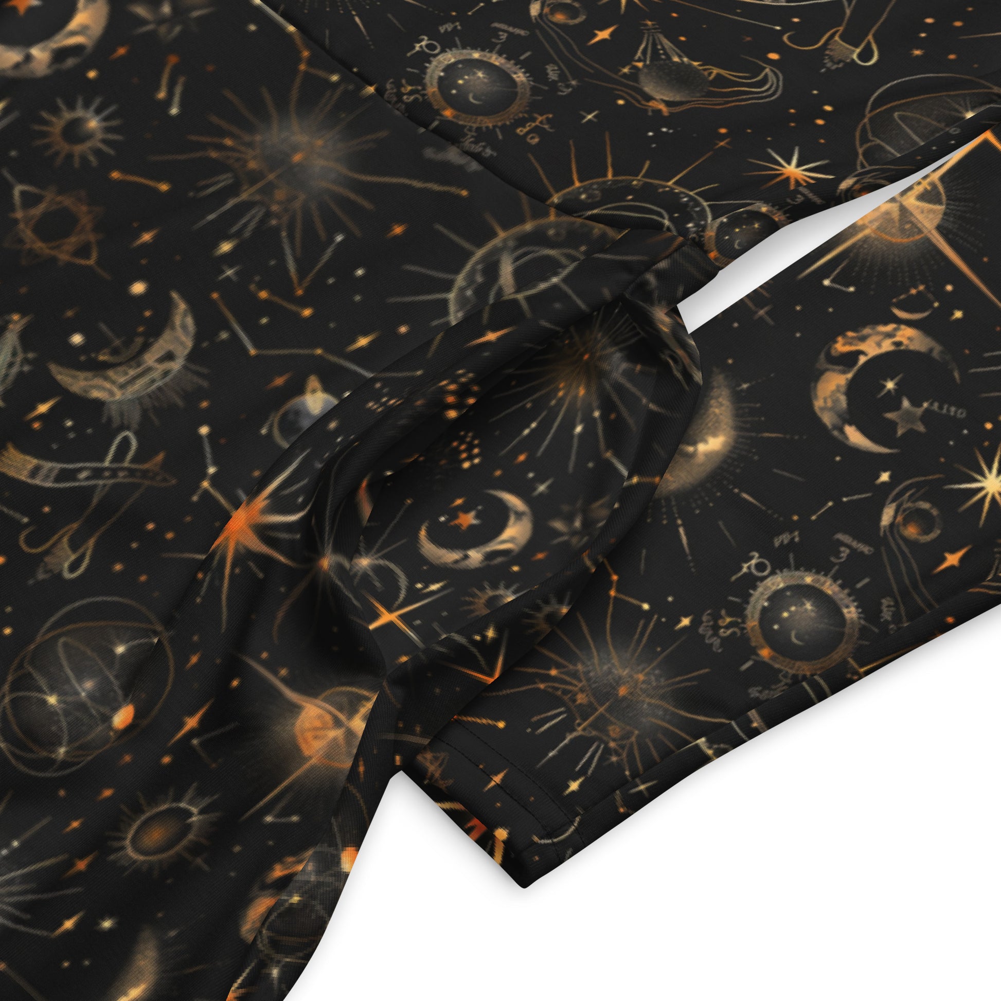 Black dress with celestial print featuring stars, moons, and planets.