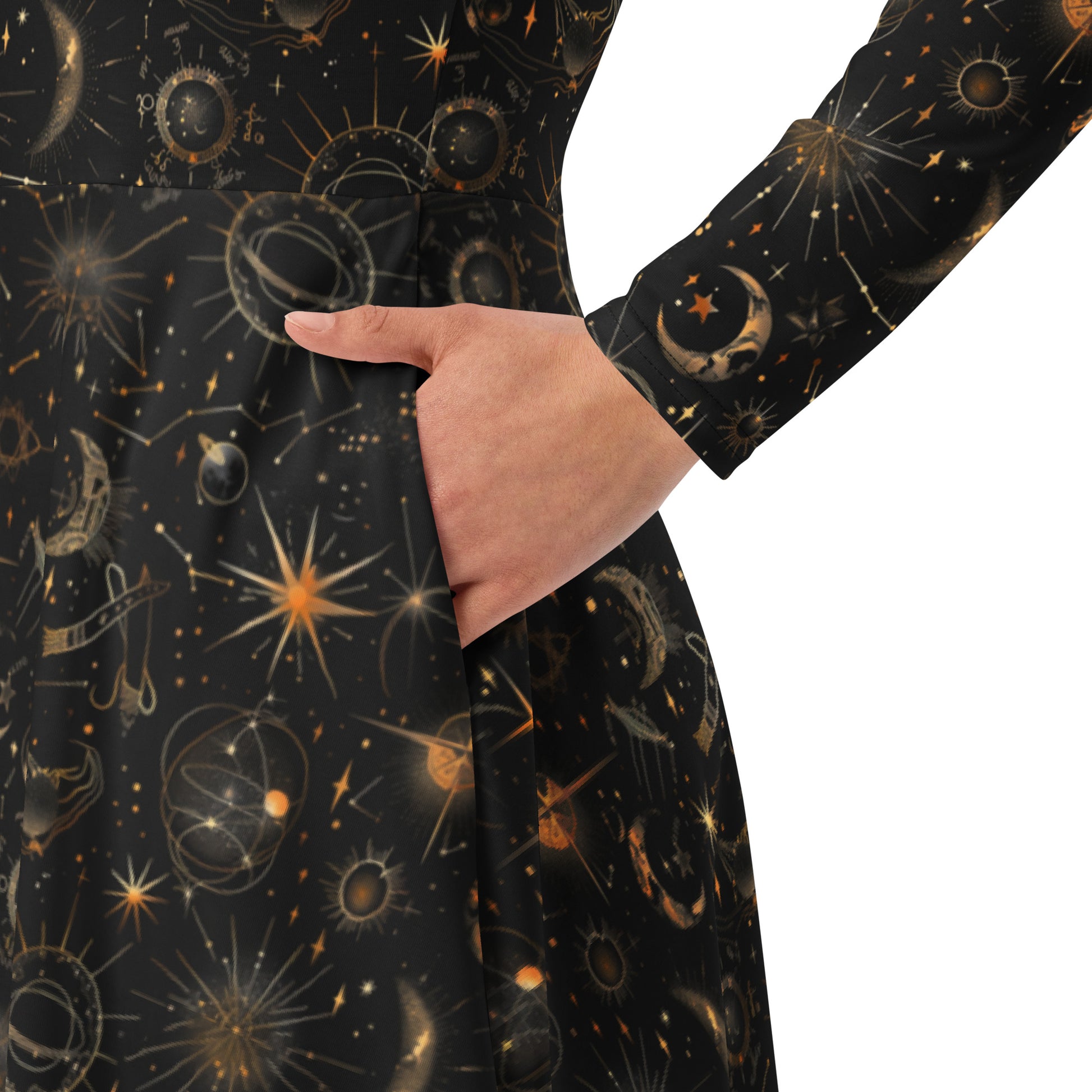 Black dress with celestial sun moon and stars print