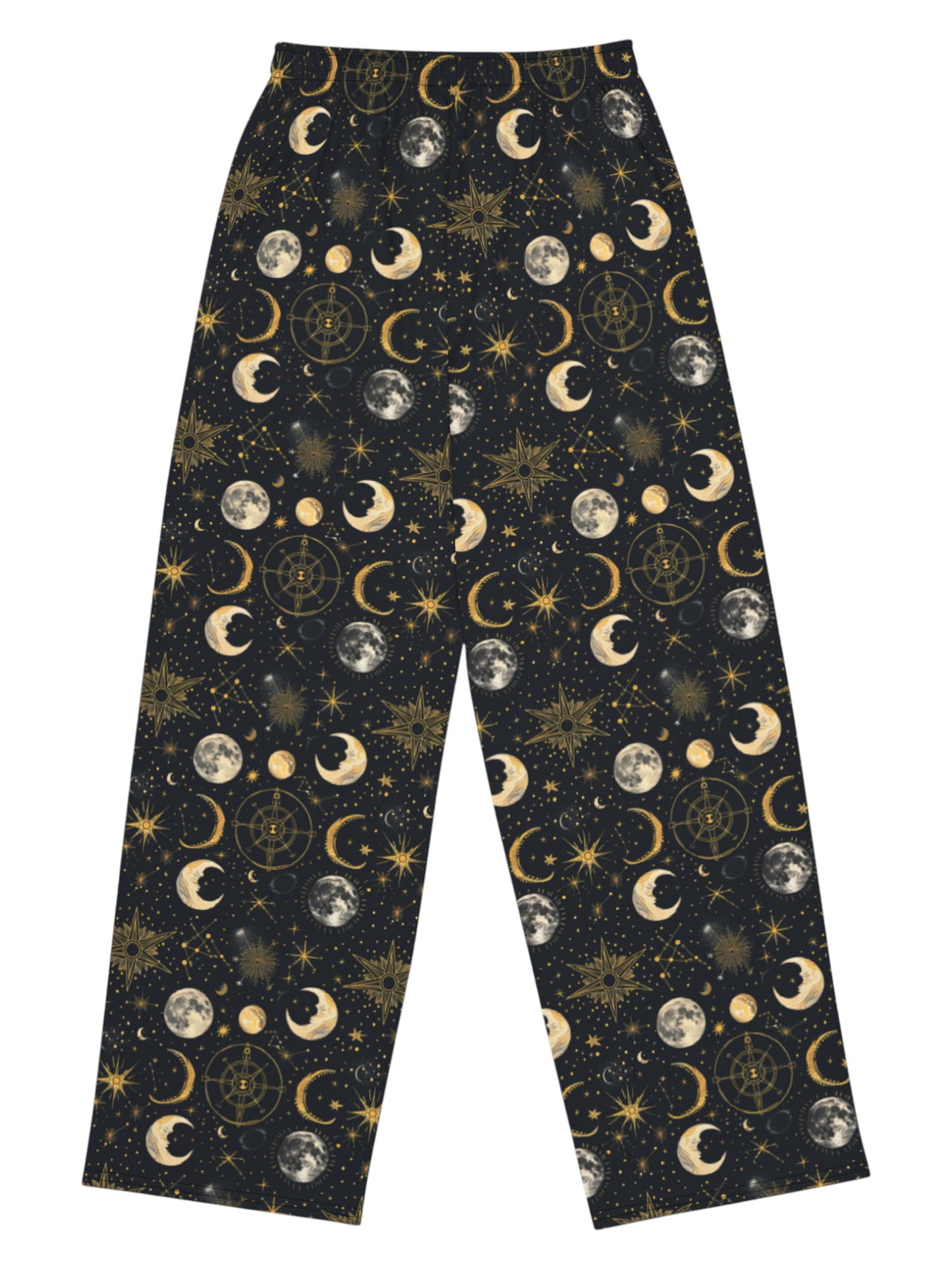 Whimsigoth celestial wide leg lounge pants with sun, moon, and star print.
