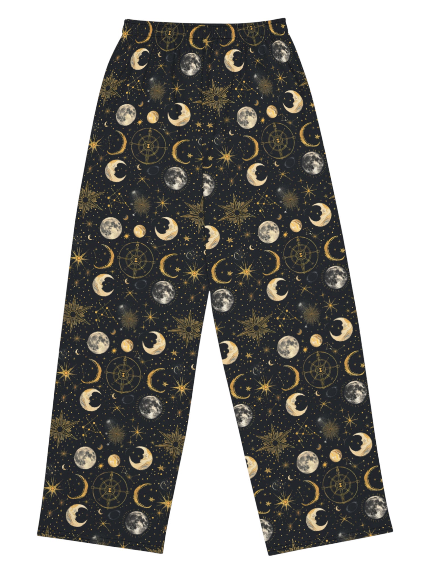 Whimsigoth celestial wide leg lounge pants with sun, moon, and star print.