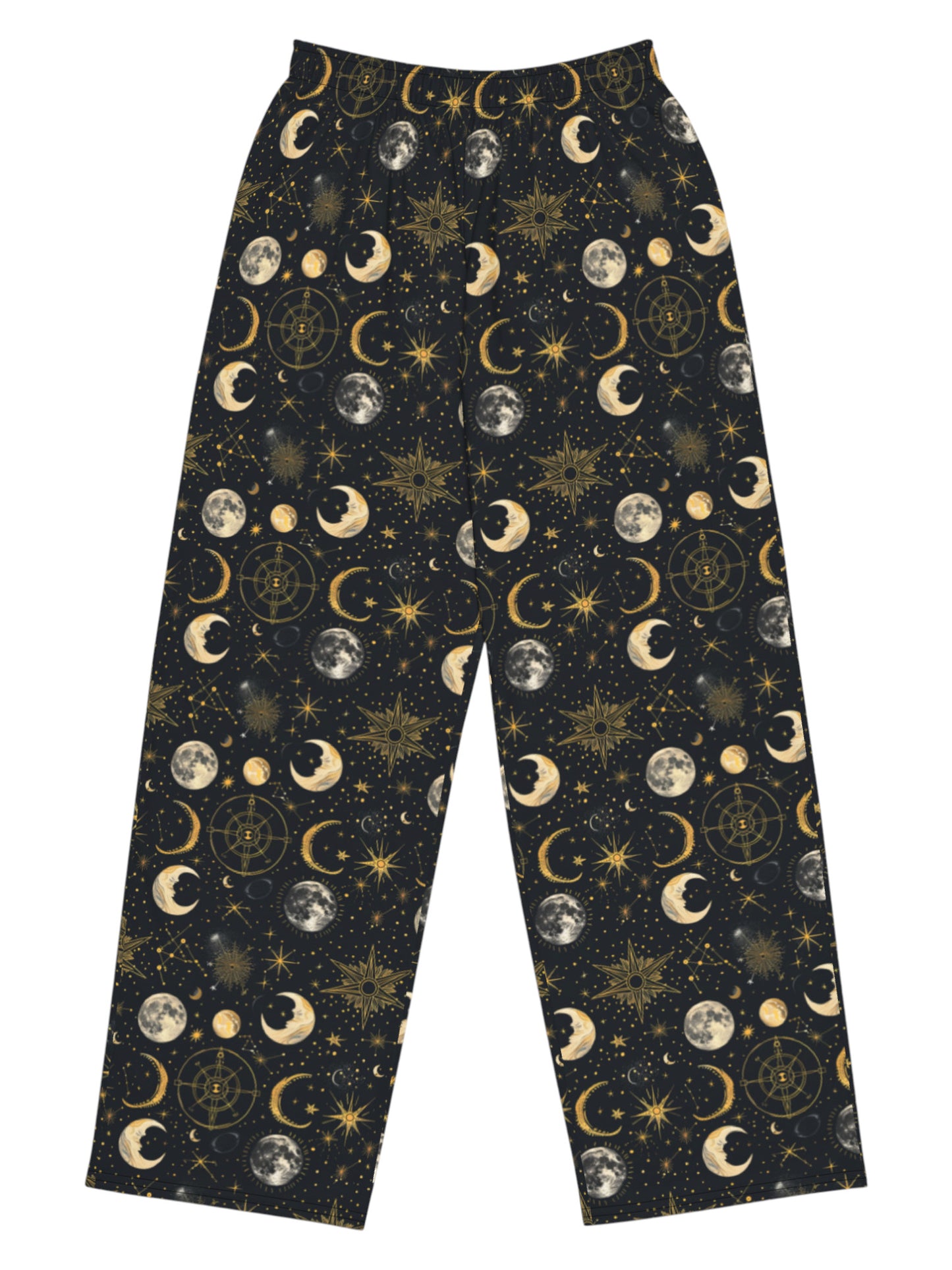 Whimsigoth celestial wide leg lounge pants with sun, moon, and star print.