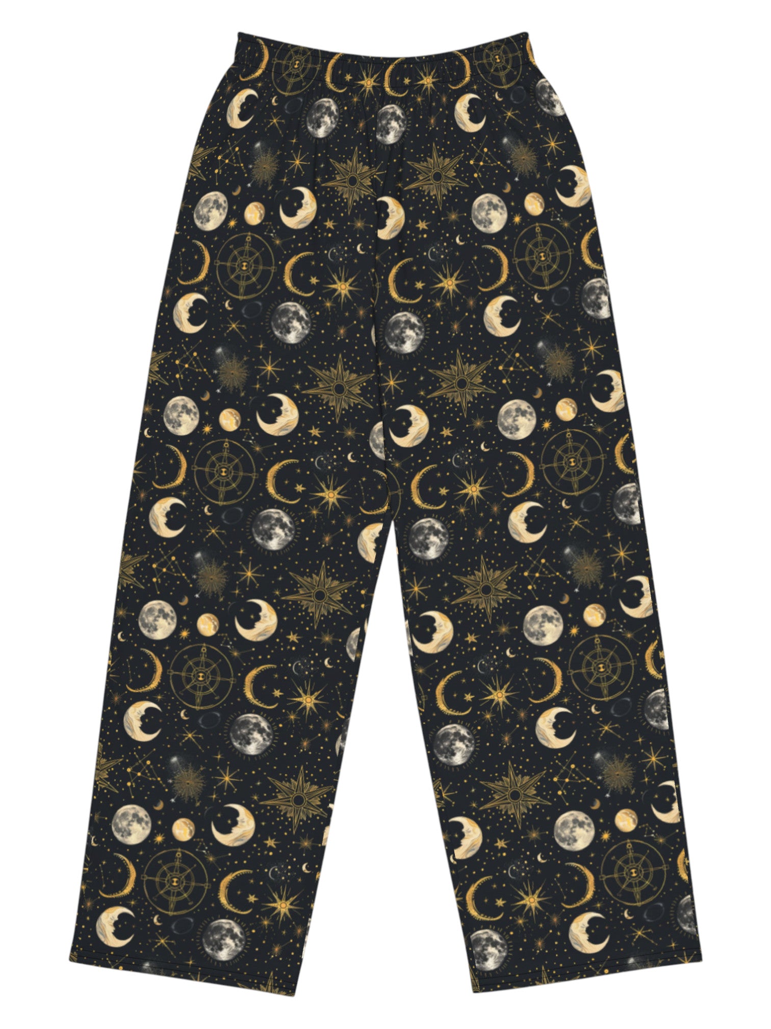 Whimsigoth celestial wide leg lounge pants with sun, moon, and star print.