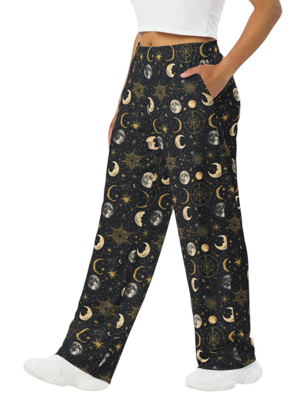 Woman wearing Whimsigoth celestial wide leg lounge pants with sun, moon, and star print.