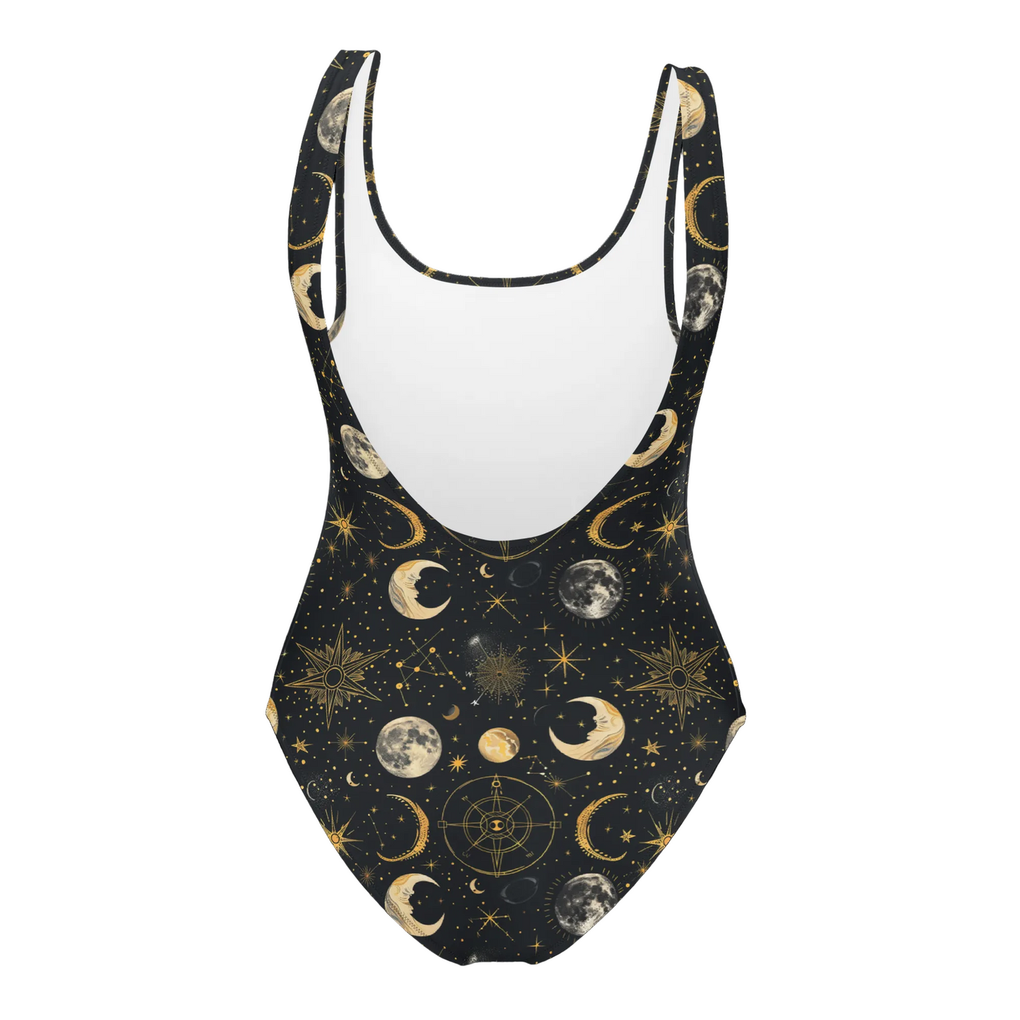 black celestial one piece swimsuit with gold sun, moon, and star patterns in a gothic style.