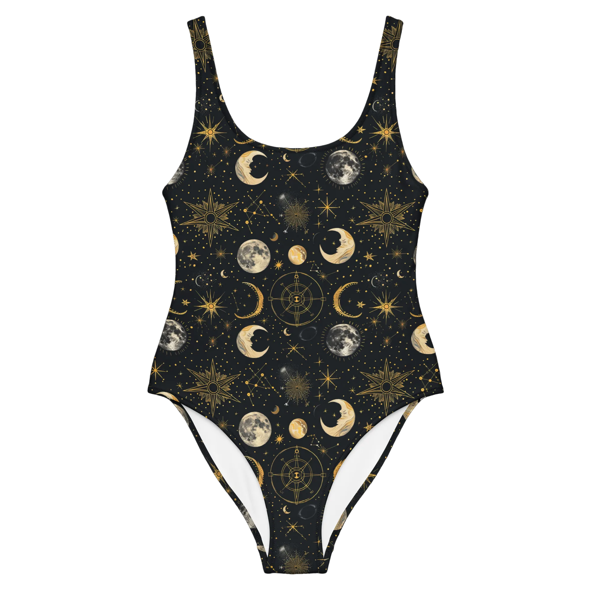 Black celestial one piece swimsuit with gold sun, moon, and star patterns in a gothic style.