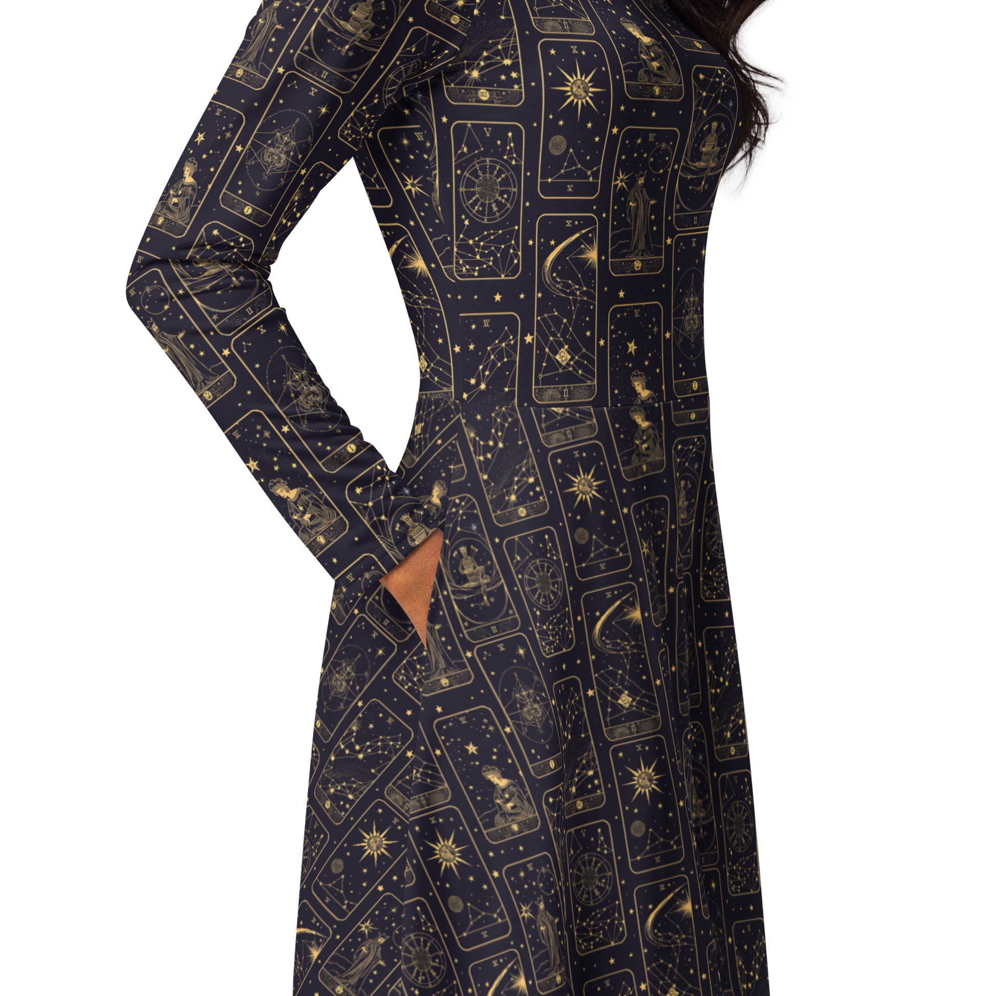 Long-sleeve dress with star and constellation celestial tarot card print on a white background