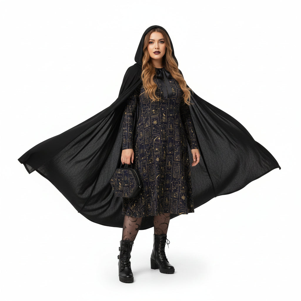 Woman wearing a black hooded cloak over a celestial tarot card print dress on a white background