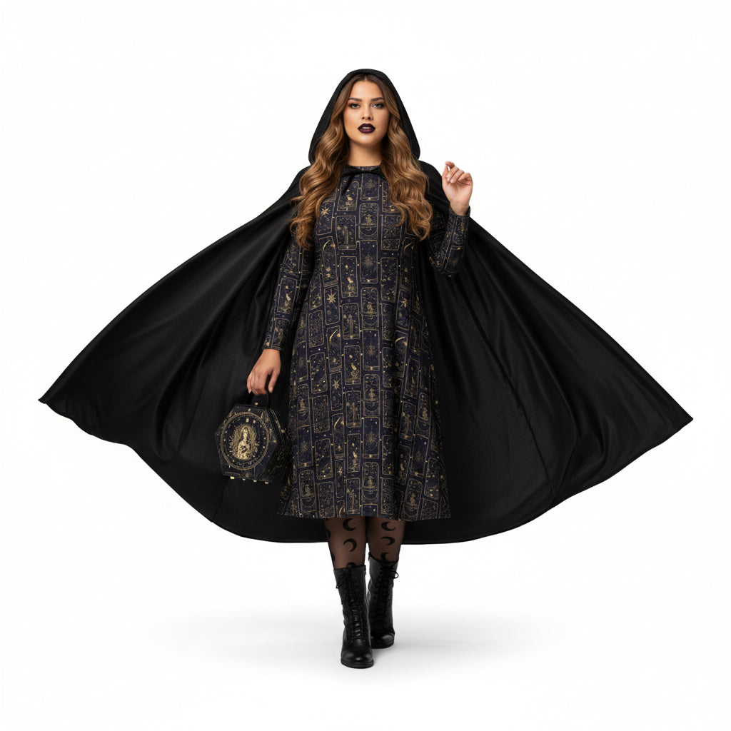 Woman wearing a black cape and celestial tarot card print dress on a white background